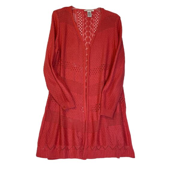 99 Jane Street Long Open Cardigan Sweater, Coral Rose, Crocheted size Large - Picture 14 of 16